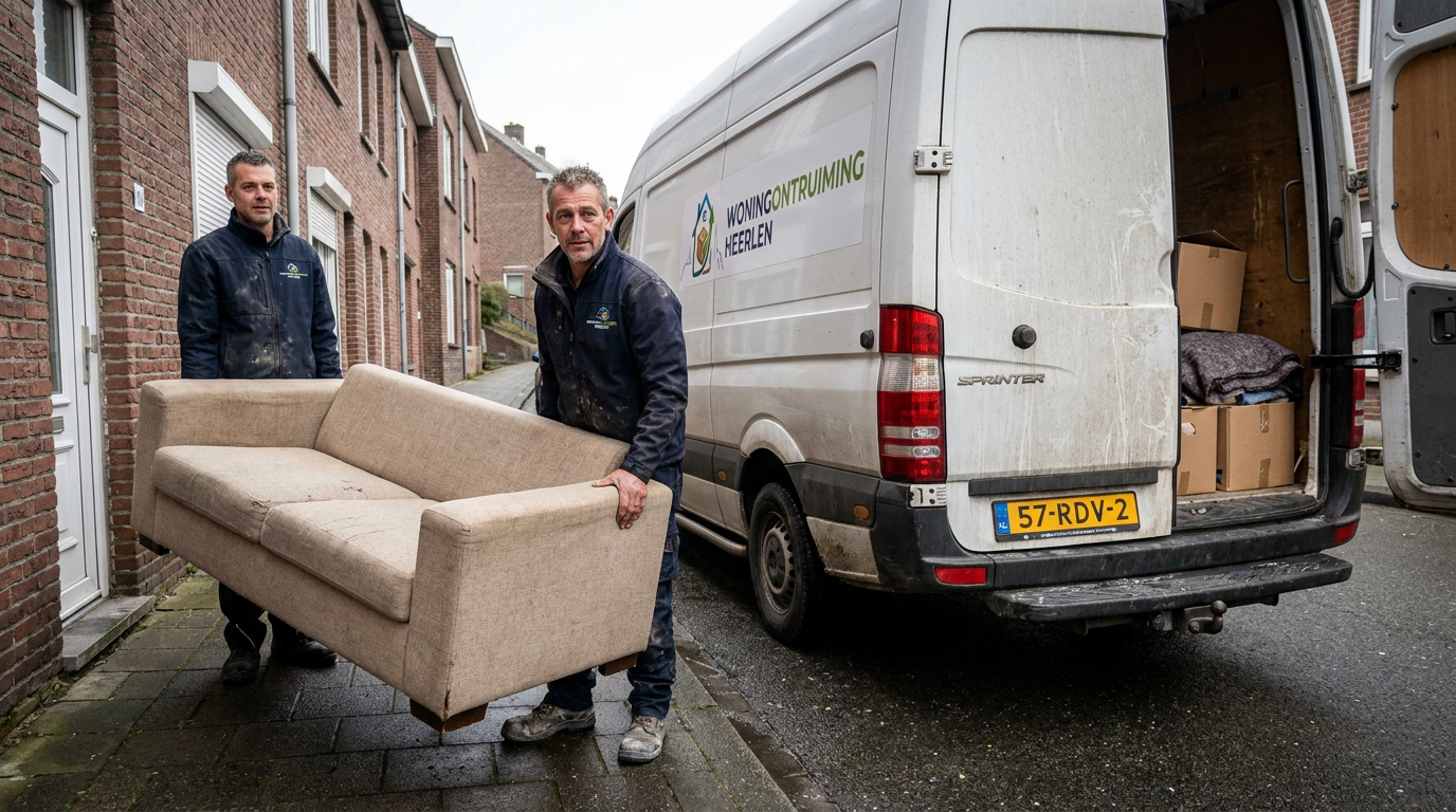Team van Woningontruiming Heerlen draagt een bank uit een woning naar de bestelbus